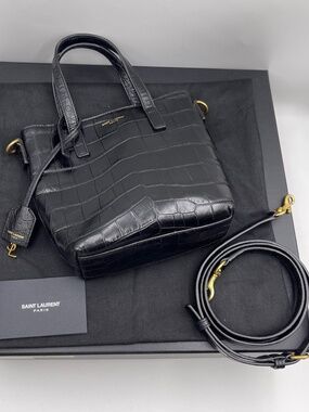 SAINT LAURENT YSL Black Mini Toy Shopping Crocoembossed leather Shoulder handbag